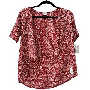 NWT Lularoe Bianka Red White Paisley Print Open Front Short Sleeve Cardigan Sz 2